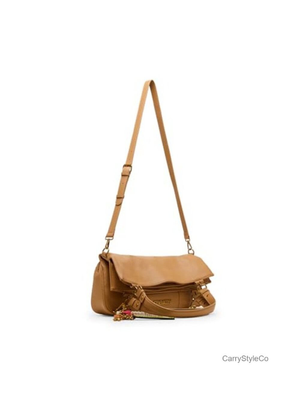 Faux Leather Triple Compartment Foldover Tote Bag with Attachable Charms